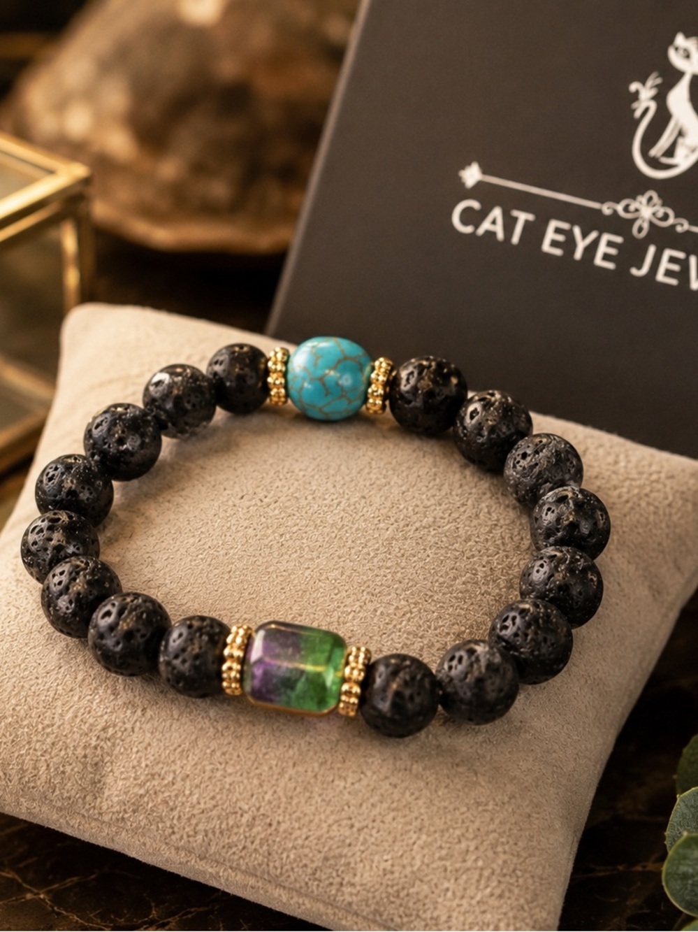 Lava Stone Mood Bracelet Turquoise Accent Unisex Stretch Beaded Gift